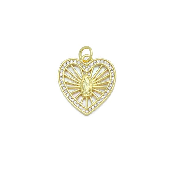 Cz Mother Of Pearl Virgin Mary On Radiate Heart Charm Pendant, Sku#Lk1149