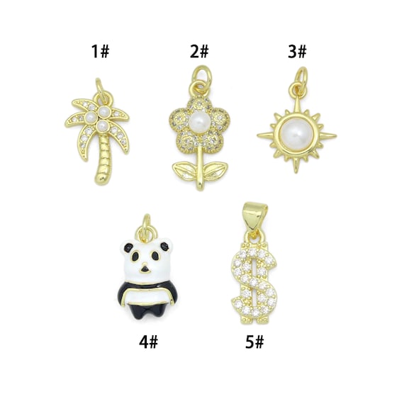 Clear CZ White Pearl Palm Tree, Gold Flower Panda Sun pearl Dollar sign Charm Pendant, Sku#LD775