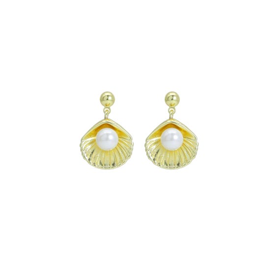 Gold White Pearl  Shell Stud Earrings, Sku#Lx782