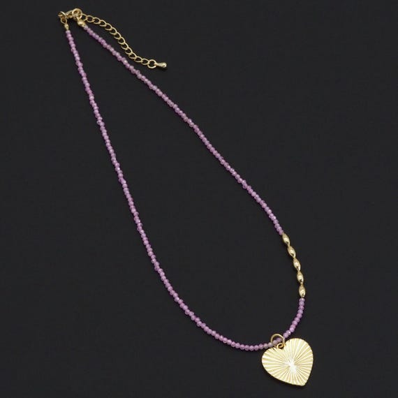 Dainty Pink Cz Stone Gold Spacer Heart Pendant Necklace, Sku#Ef503