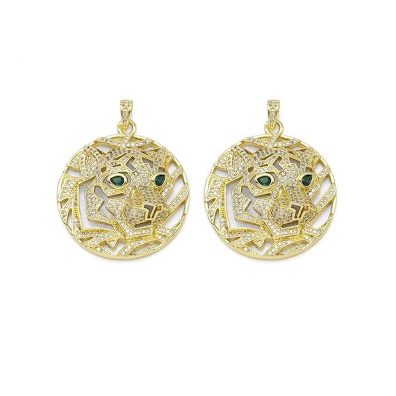 Clear Cz Gold Tiger Lion Head Pendant, Sku#Lx318