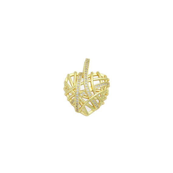 Clear Cz Gold Cage Puffy Heart Charm Pendant, Sku#Ld708