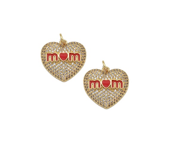 Cz Pave Red Enamel Mom Heart Charm, Mother'S Day Charm, Sku#L716