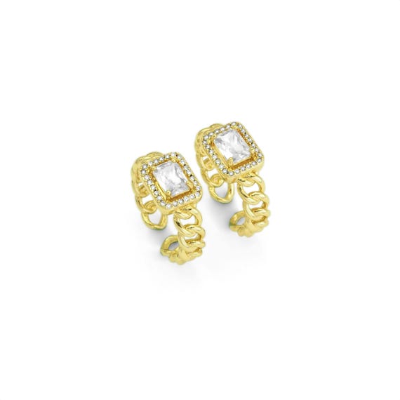 Gold Rectangle Cz Cuban Link Adjustable Ring, Sku#Lx277