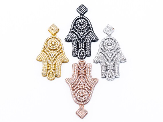 Cz Micro Pave Hamsa Hand With Flat Square Bail Pendant, Cubic Zirconia Pendant, 26X45Mm, Sku#L37
