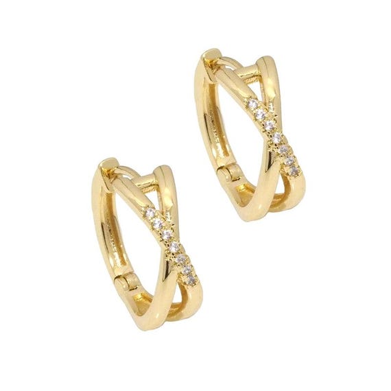 Gold Clear Cz Criss Cross Hoop Earrings, Sku#Lk782