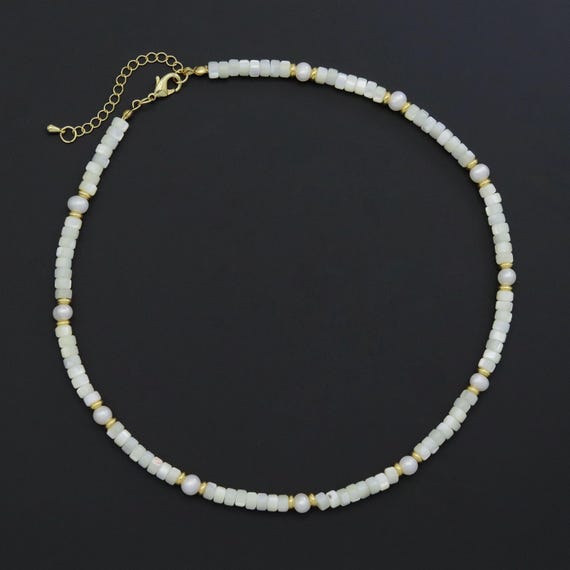 Natural Mother Of Pearl Heishi Beads With Gold Spacer Necklace, Sku#Ef550
