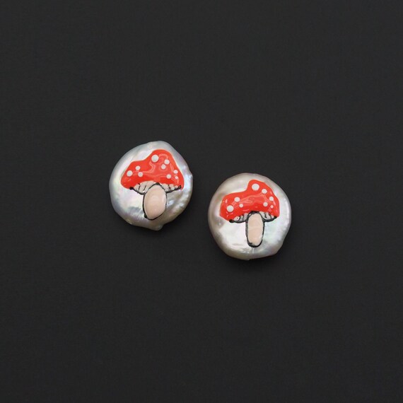 Red Mushroom On White Pearl Pendant|Spacer beads, Sku#Y890