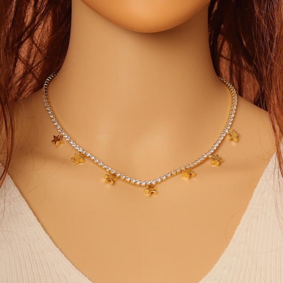 Clear Cz Star Gold Tennis Necklace,Sku#Ld377