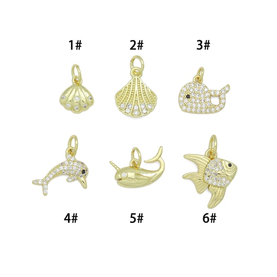 Clear CZ Gold Shell Fish Dolphin whale Pendant charm, Sku#LX925