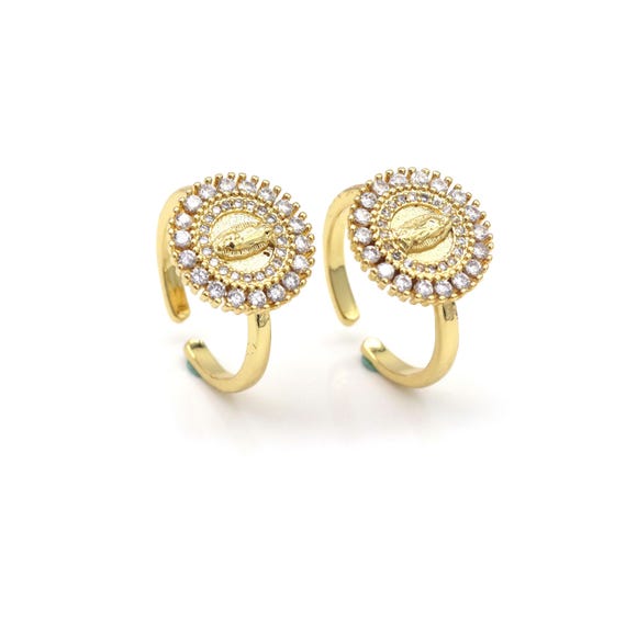Cz Micro Pave Virgin Mary On Round Adjustable Ring, 18K Gold Filled Religion Open Ring, Cz Round Ring, Sku#Ld171