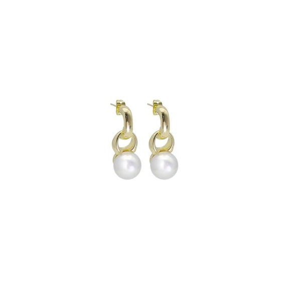 Cz Chunky Gold Link White Pearl Earrings, Sku#Zx188