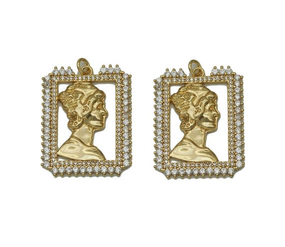 Gold Lady Head On Cz Rectangle Frame Charm, Sku#L673
