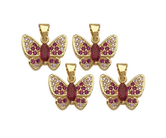 Gold Fuchsia Cz Butterfly Shape Charm, Sku#Lk76