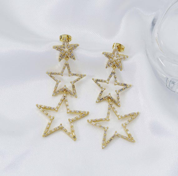 Gold Triple Five Point Star Dangle Earrings, Sku#Ld271