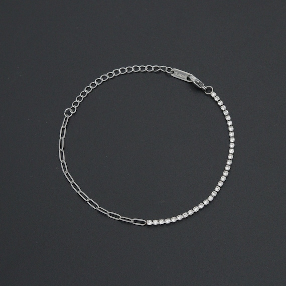 Silver Dainty Paperclip Tennis Chain Bracelet, Sku#LX960