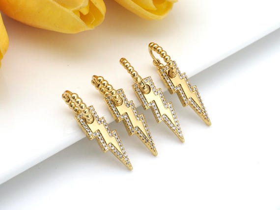 Cz Micro Pave Dangle Lightning Earring, 18K Gold Filled Huggie Earrings, Cz Earrings, 19X4Mm, Sku#J326