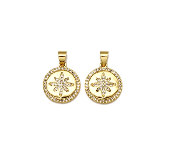 CZ Micro Pave Star On Round Coin Shape Pendant, 18K Gold Filled Charm,Necklace Bracelet Charm Pendant,15x17mm,Sku#LK427