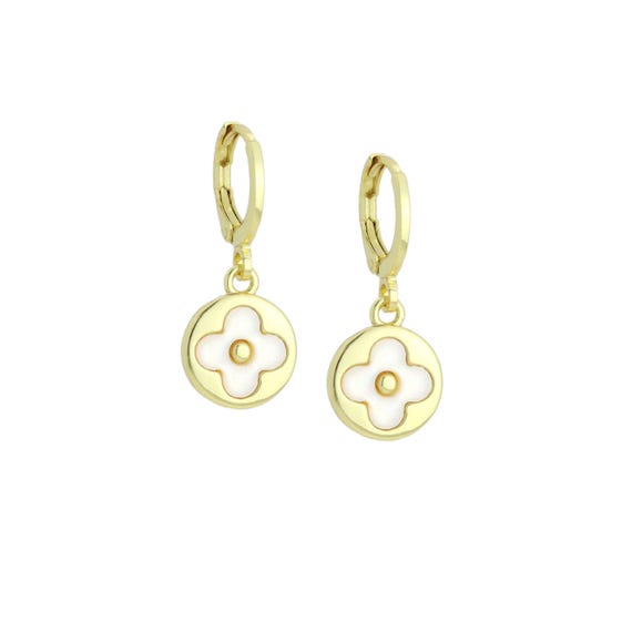 White Clover Gold Round Shape Hoop Earrings, Sku#LD776
