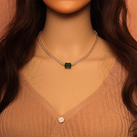 Tennis Chain With Pink Emerald Clear Focal Stone Necklace,Sku#Jl182