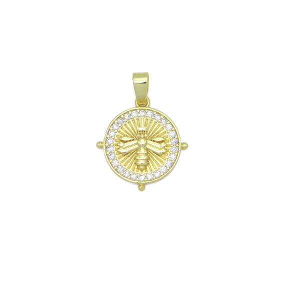 Clear Cz Around Gold Insect Bee On Round Coin Charm Pendant, Sku#Lx764