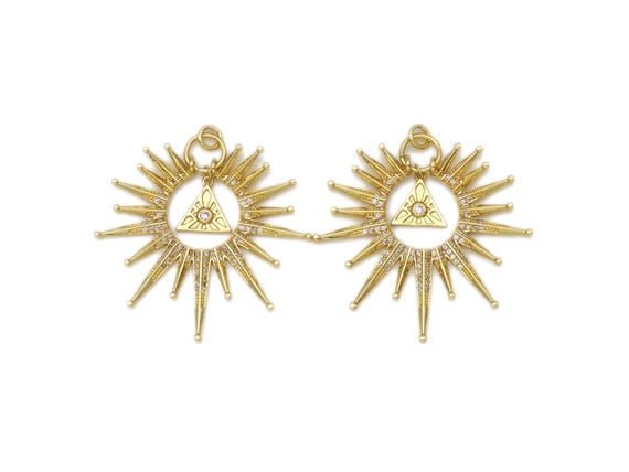 Micro Pave Cz Triangle On North Star Shape Pendant, 18K Gold Filled Radial Charm, Necklace Bracelet Charm Pendant, 41X38Mm, Sku#Lk400