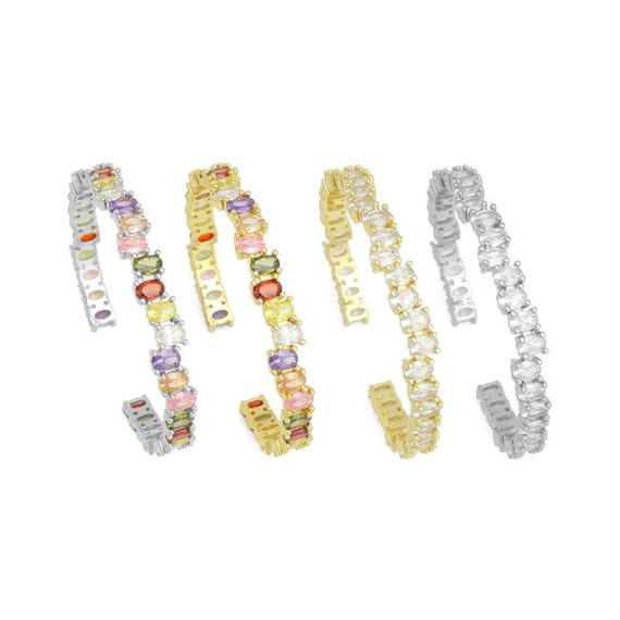 Colorful Cz Micro Pave Bangle Bracelet, Cubic Zirconia Gold Bracelet, Thin Cuff Bracelet, Stacking Cuff, 8X46X53Mm,Sku#X29