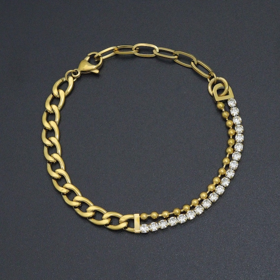 Stainless Steel Gold Cuban Link Chain CZ Ball chain Adjustable Bracelet, Sku#BXG22