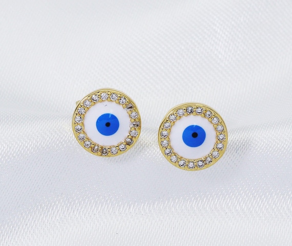 Cz Enamel Round Evil Eye Stud Earrings, Sku#Ld273