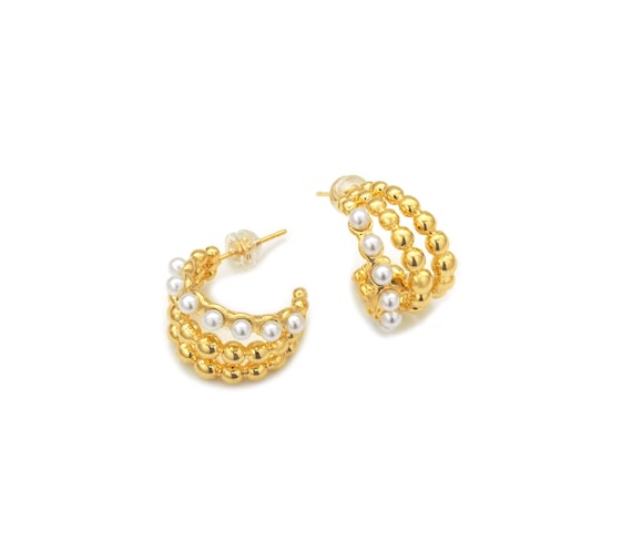 Cz Gold Ball Pearl Hoop Earrings, Sku#J378