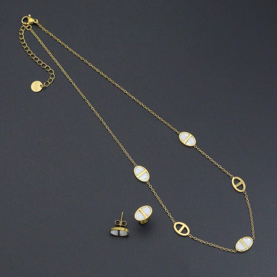 Mother of Pearl Oval Gold Link Adjustable Necklace Earring set, Sku#BXG14