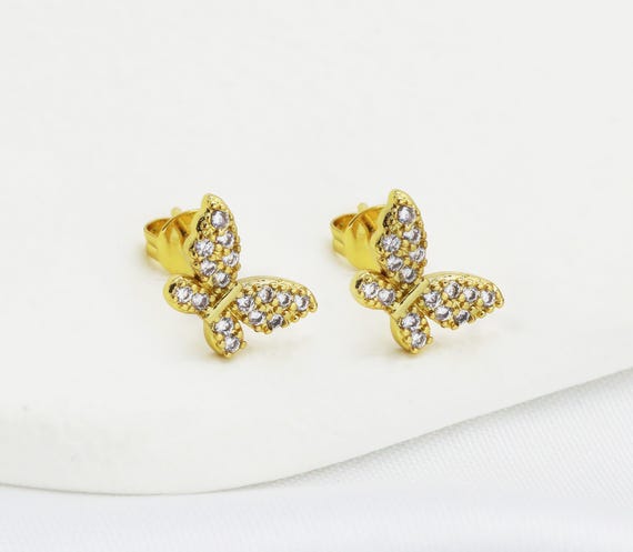Cz Gold Butterfly Stud Earrings, Sku#Y721