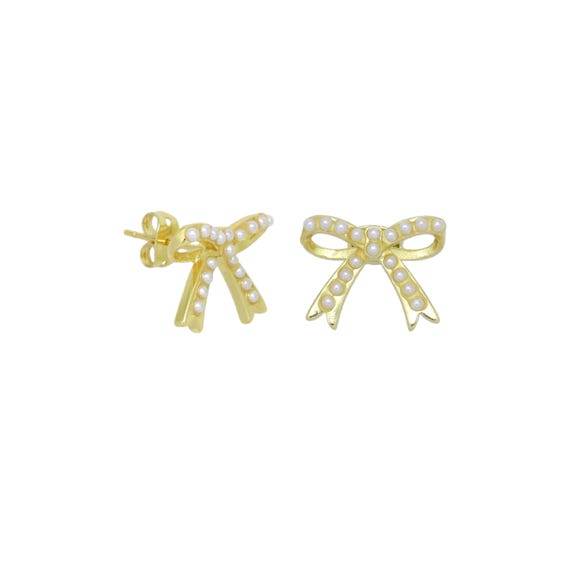 Gold White Pearl Bowknot Stud Earrings, Sku#Lk967