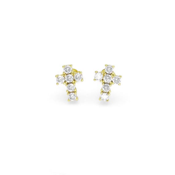 Gold Cz Cross Shape Stud Earrings, Sku#B365