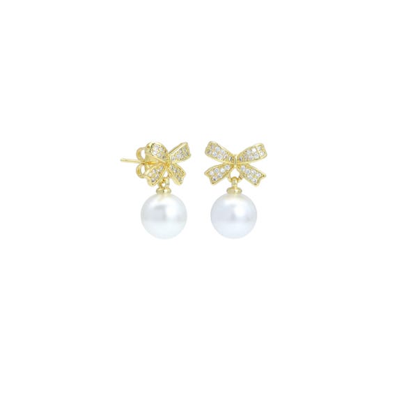 Cz White Pearl Bow Stud Earrings, Sku#Lk1037