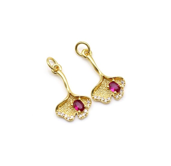 Fuchsia Cz Micro Pave Leaf Shape Pendant, 18K Gold Filled Ginkgo Leaf Charm, Necklace Bracelet Charm Pendant,Sku#Lk511