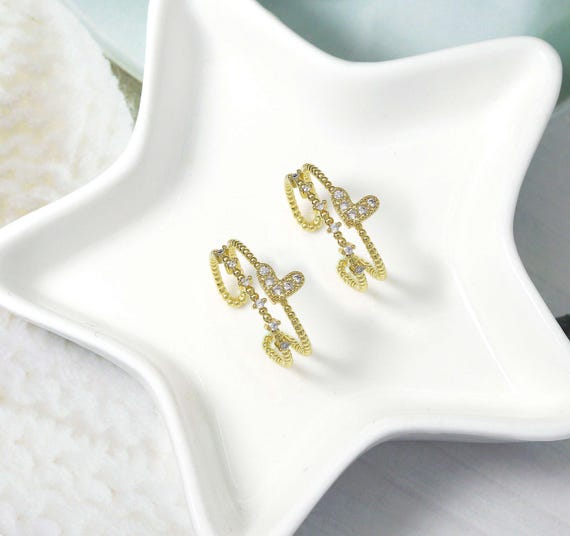 Cz Tiny Gold Heart Double Line Ring, Sku#Ld337