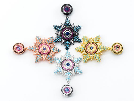 CZ Colorful Micro Pave Snowflake Pendant with Round Paved Bail, CZ Earrings Necklace Pendant Charm, 29x48mm, sku#L102