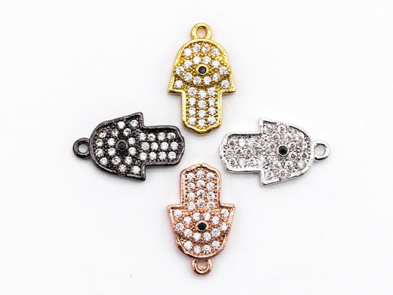 Cz Micro Pave Clear Hamsa Hand Evil Eye Pendant|Charm, Clear Cubic Zirconia Pave Bracelet Charms,8X13Mm, Sku#B72
