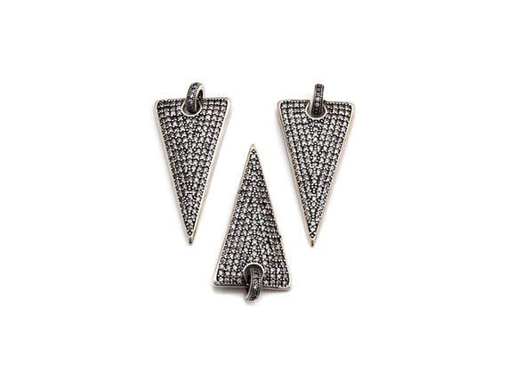 Cz Micro Pave Triangle Shape Pendant, Antique Silver Tone, Cubic Zirconia Pave Triangle Pendant, 18X35Mm,Sku#F1026