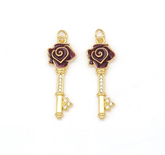 Dark Red Enamel Rose Flower On Key Shape Pendant,18K Gold Filled Enamel Charm,Enamel Jewelry,9x27mm,Sku#Y480