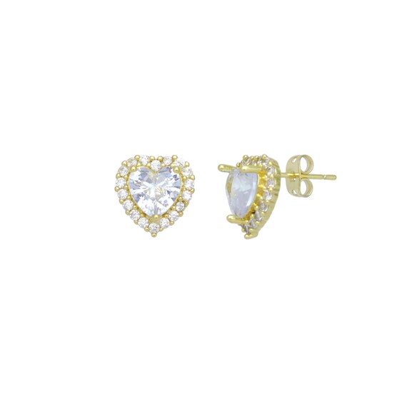 Clear Cz Around Big Diamond Crystal Heart Stud Earrings, Sku#Lx771