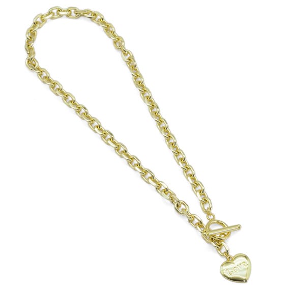 Thick Square Link Chain Love Heart Pendant Necklace, Sku#Ef489