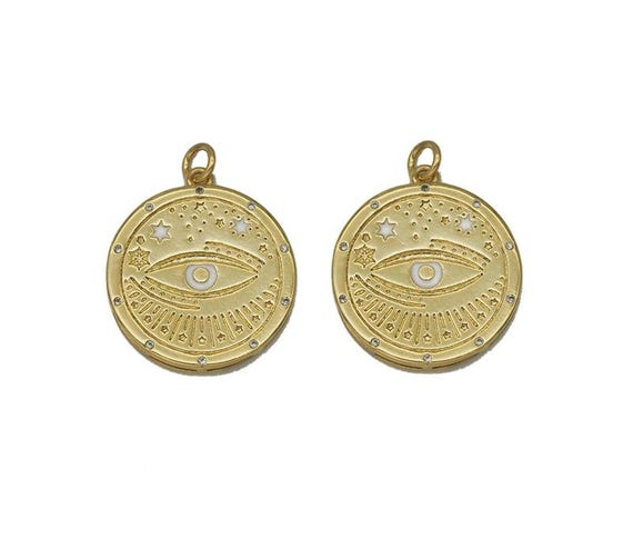 Gold Enamel Evil Eye On Round Coin Charm, Sku#Z1457