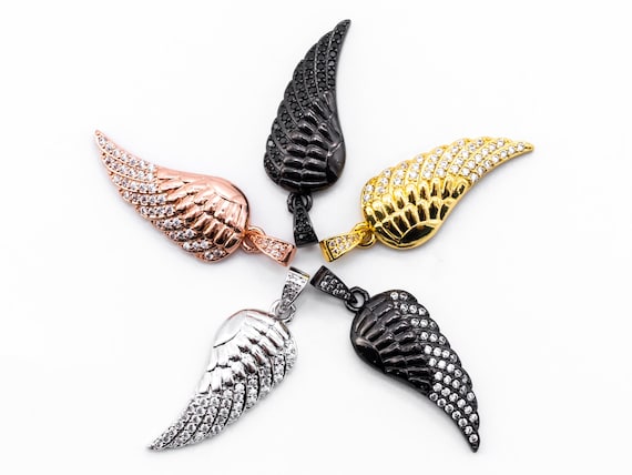 Cz Micro Pave Angel Wing Pendant|Charm, Cz Wing Charm, Silver|Gold|Rose Gold|Gunmental Color, 14X34Mm, Sku#F302
