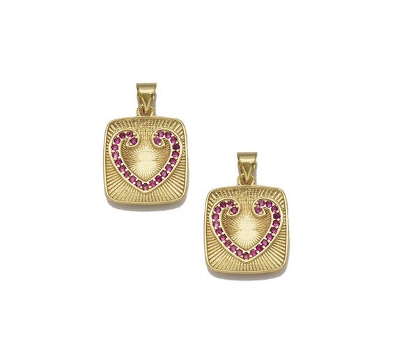Fuchsia Cz Gold Heart On Square Tag Charm, Sku#Lk759
