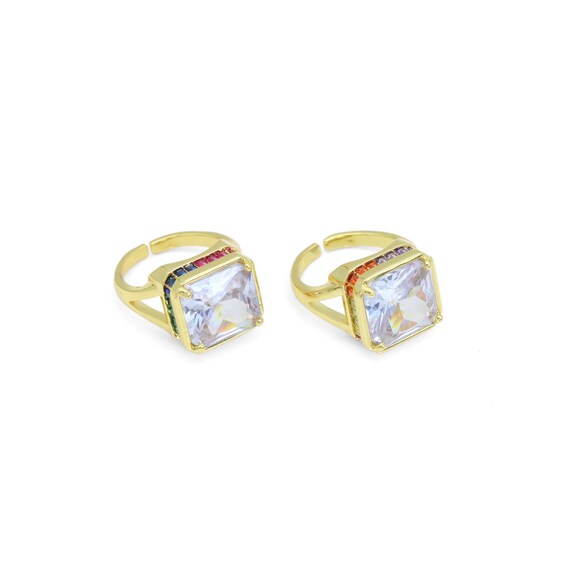 Big Clear Square Crystal multi color cz Statement Adjustable Ring, Sku#LX591