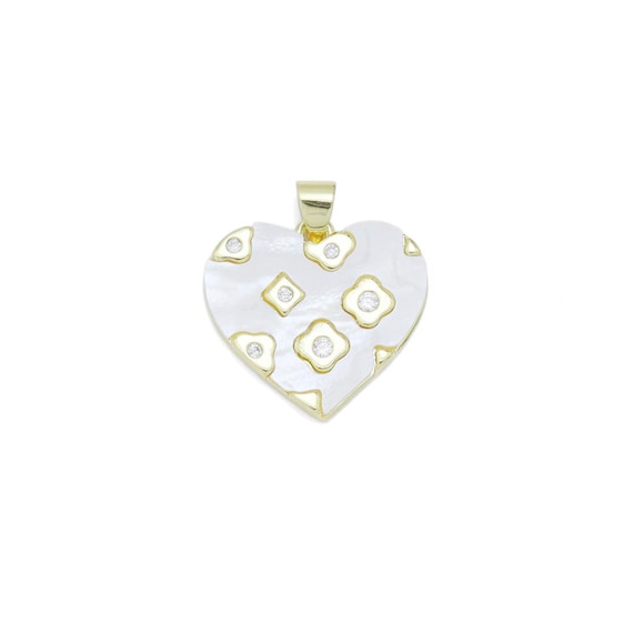 Cz Pave Flower On Mother Of Pearl Heart Charm Pendant, Sku#Lk954