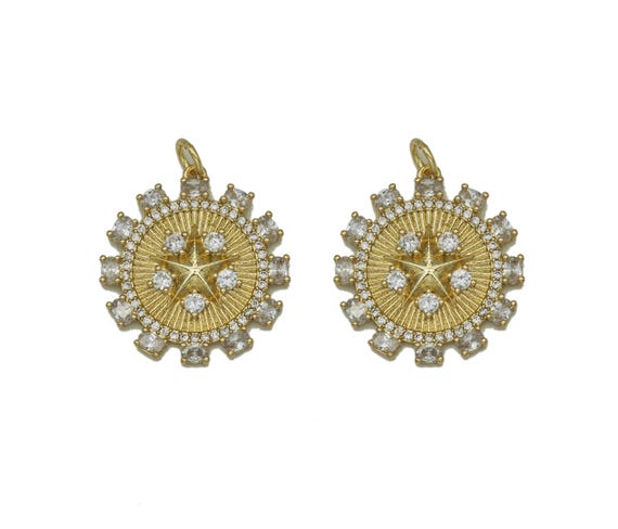 Gold Cz Embossed Five Point Star On Round Flower Charm, Sku#F1508