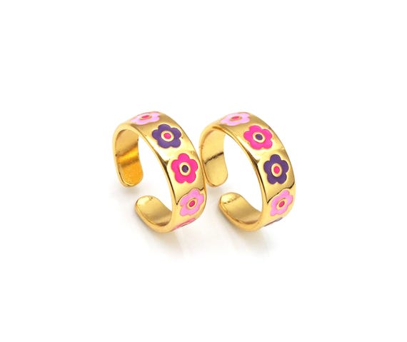 Colorful Enamel Flower On Round Adjustable Ring, 18K Gold Filled Enamel Open Ring, Statement Ring, 20X7Mm,Sku#Fh175